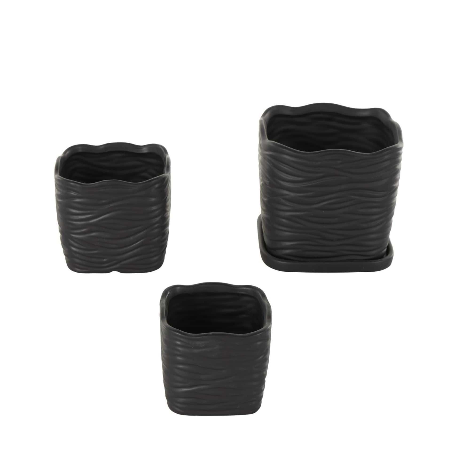 Black Wavy Ribbed Ceramic Planter Set